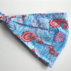 Headband Head Wrap Dreadband Womens Gypsy Hippie Bandana Pink Red Floral Paisley on Blue Waves